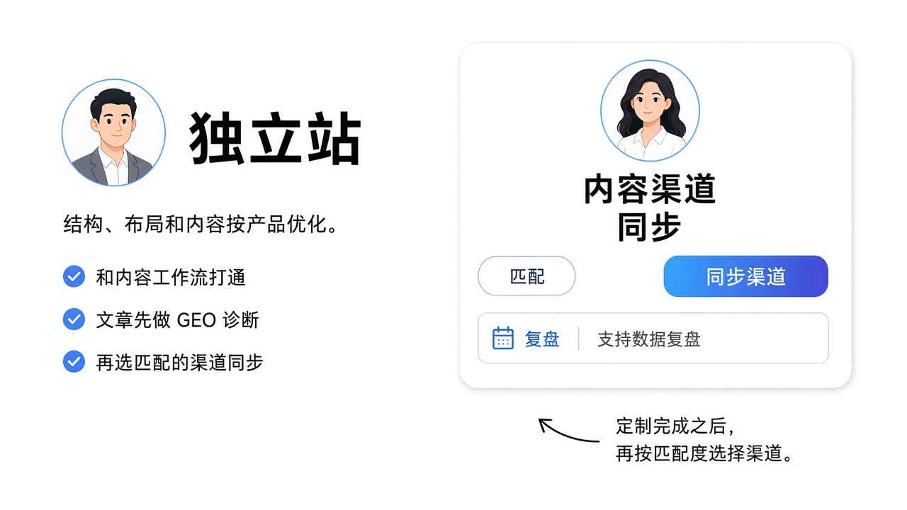 独立站与内容渠道界面:按产品优化结构,定制后再按匹配度同步,并支持数据复盘