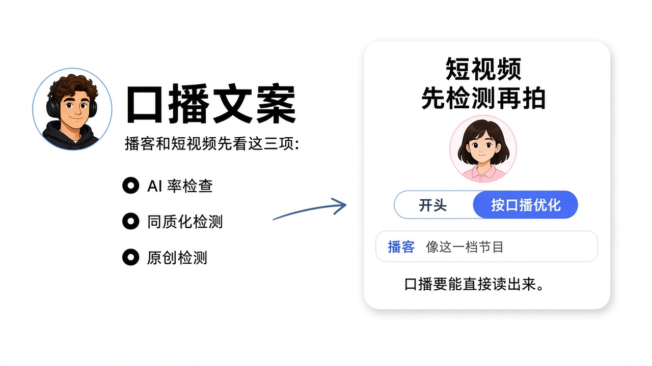 口播文案界面:播客和短视频先看 AI 率、同质化和原创,短视频先检测再拍